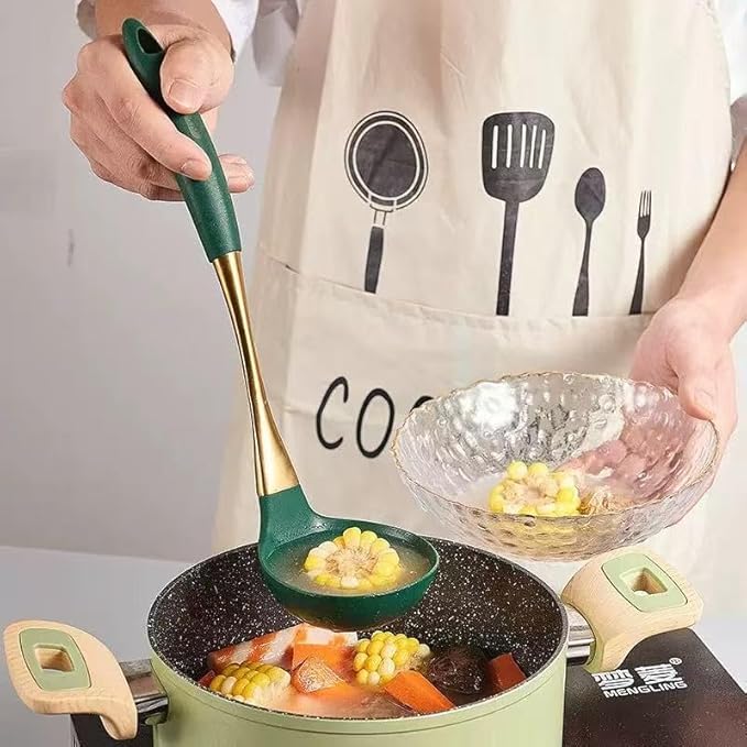 8-Piece Silicone Kitchen Utensil Set, White and Gold, Heat Resistant Cooking Tools with Comfort Handles- Includes Spatula & Spoon for Nonstick Cookware (Green & Gold)