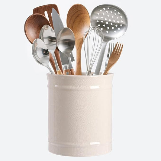 Kitchen Utensil Holder, Larger Ceramic Utensil Crock for Kitchen Counter top & Dining Table (Cream, 5.9" x 5.9" x 6.7")