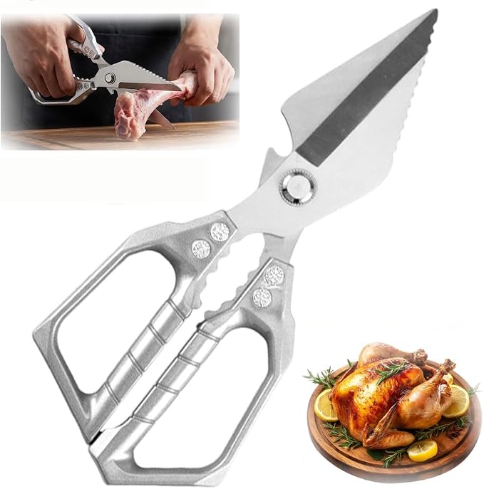 Heavy Duty Kitchen Scissors for Food with Ergonomic Anti-Slip Handle,Stainless Steel Chicken Bone Cutting Scissors Kitchen Tools,Poultry shears for Chicken, Meat, Seafood, Bone Cutting (Sliver, 1PC)