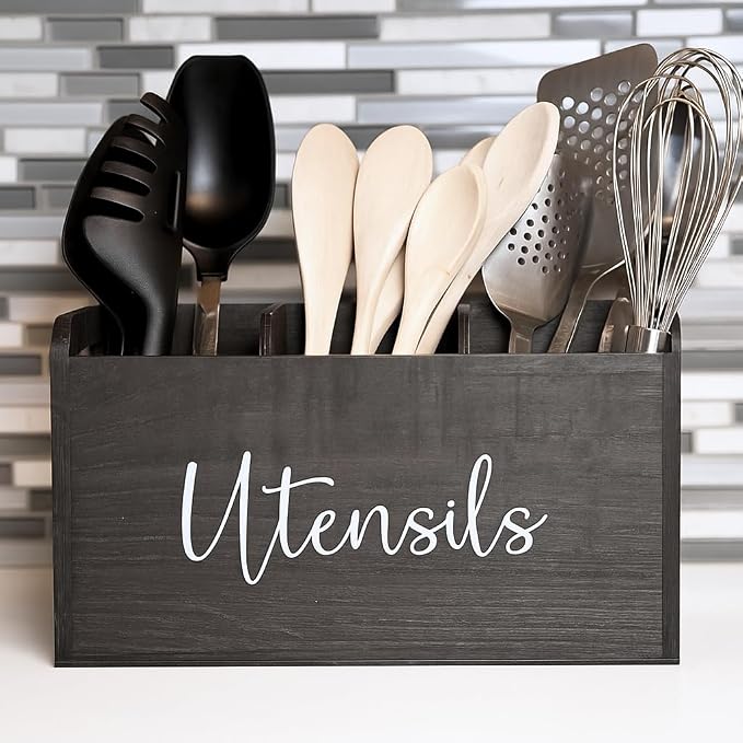 Black Kitchen Utensil Holder for Countertop – Large 3-Compartment Cooking Utensil Organizer & Caddy with Drain Holes, Modern Wood Utensil Holder for Kitchen Counter, Spatula & Spoon Storage
