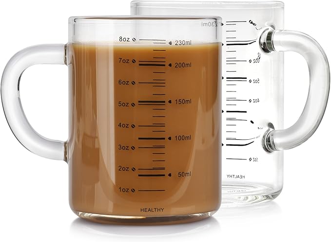 2 Piece Expresso shots cup,Glass measuring cup,8 Oz Glass Measuring Cup,Tea Cups withHandles,Coffee Cups for Latte(Black-2pcs)