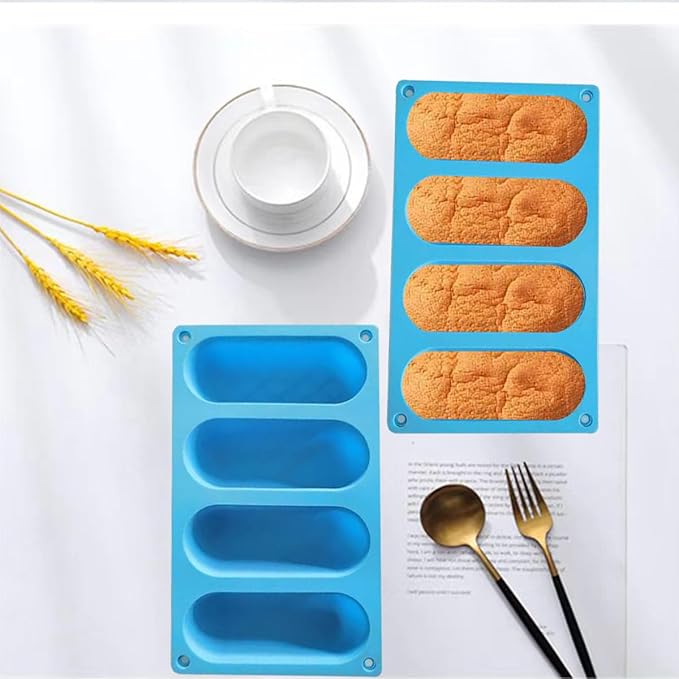 Hot Dog Bun Pan - 2 Pack 4 Cavity Silicone Molds, Non-stick French Bread Pan, Baguette Baking Tray for Sandwich Bun Rolls