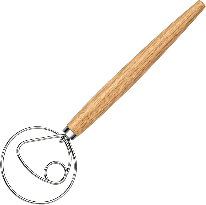 Maxjoy Danish Dough Whisk Wooden Dutch Bread Mixer with Stainless Steel Hook for Sourdough Baking Hand Tool