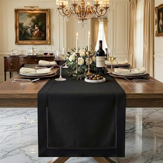 Signature Linen™ by D'Moksha Black Table Runner 84 Inches Long, 100% Pure Linen, Hemstitch, 14 x 84 Inch Table Runner for Dresser, Dining- Summer, Father's Day