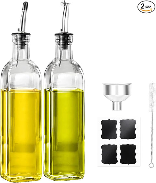 Olive Oil Dispenser Bottle, 2 Pcs Glass Oil Bottle for Kitchen, Oil and Vinegar Dispenser Set with 2 Stainless Steel Pourers, 4 Labels,1 Brush and 1 Funnel