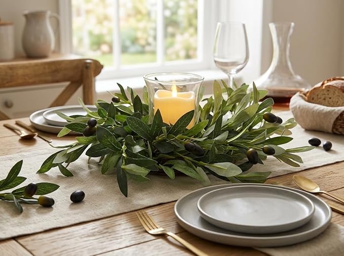 Svndlyn Artificial Olive Branch Candle Ring with Glass Hurricane, 14" Faux Greenery Wreath Centerpiece for Dining Table, Farmhouse Mantel Decor, Rustic Wedding & Year Round Arrangement