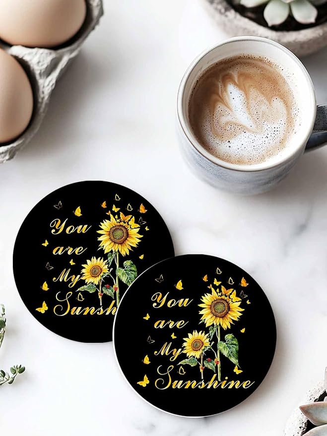 Coasters Set of 6 Sunflowers Drink Coasters with Holder Absorbent Stone Ceramic Cup Mat Black Butterfly You are My Sunshine Coaster for Drinks Coffee Bar Office Kitchen Cafe Home Decor