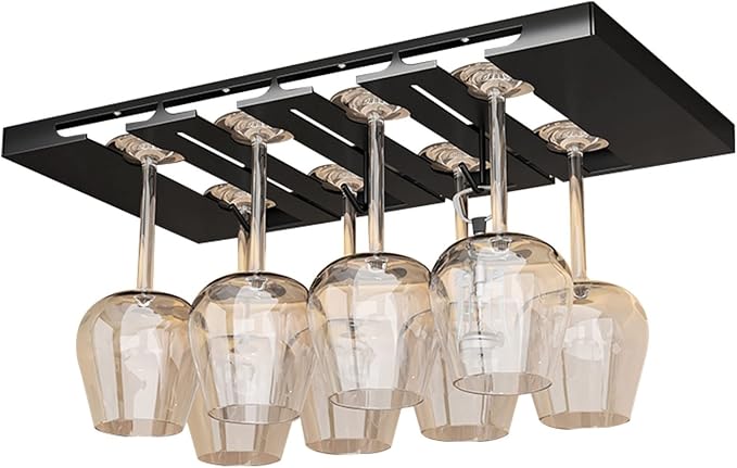 V3VOGUE Hanging Wine Glasses Holder Under Cabinet, 2/3/4/5/6 Rows Black Metal Wine Glasses Hanger, Glass Storage Rack Organiser for Cupboard Kitchen Bar (Size : 4 Row)