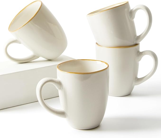 Pokini Coffee Mug 15 oz, Ceramic Coffee Mugs Set of 4, Reactive Glaze Mug for Latte/Tea/Cappuccino/Cocoa, Irregular Large Stackable Mug Set for Men, Women, Dad, Mom, Dishwasher & Microwave Safe, White