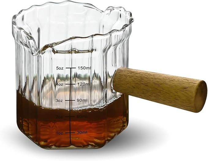 Glass Measuring Cup, 5oz Espresso Shot Glass with Wood Handle, Double Spouts Measuring Triple Pitcher Milk Cup for Coffee Tea (Transparent Ribbed)