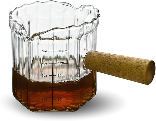 Glass Measuring Cup, 5oz Espresso Shot Glass with Wood Handle, Double Spouts Measuring Triple Pitcher Milk Cup for Coffee Tea (Transparent Ribbed)