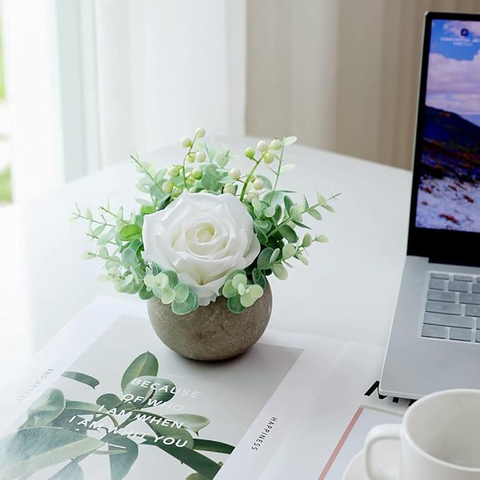 Small Artificial White Rose Potted Plant, 6" Fake Silk Flowers in 3.5" Round Pot, Mini Faux Floral Arrangement for Desk Shelf Bathroom Decor