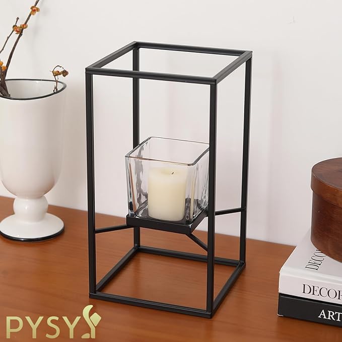 Set of Candlestick Holders in Two Sizes, Versatile Square Glass Candle Holder with Black Frame, Moden Style Candle Stand for Home Decor, Wedding, Party & Table Centerpiece