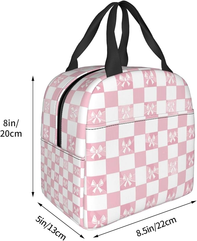 Lunch Bag Pink Check Bow Pattern Insulated Lunch Box Cooler Tote for Adults Student Boys Girls Women Men Work Office School Picnic Beach Reusable Lunchbox Over 3 Years Old