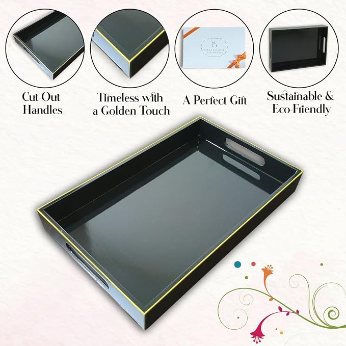 Handcrafted Wooden Serving Tray | Tray with Handle for Snacks, Tea, Kitchen, Coffee Table, Dining | High Gloss Finish with Gold Trim |12.25 x 7.75 x 1.5 inches (Charcoal Black)