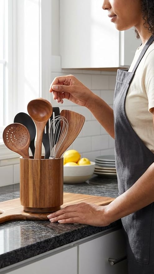 Linda's Essentials Acacia Wooden Utensil Holder for Kitchen Counter, 7.2" Wood Utensil Holder Counter, Kitchen Utensils Holder with 360° Rotation, Non-Slip Large Utensils Holders, Spatula Holders