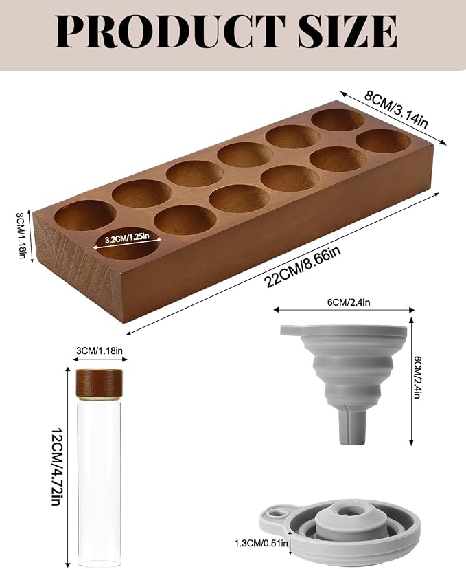 Coffee Espresso Bean Storage Tubes Set – 12pcs 60ml Airtight Glass Single Bean Coffee Storage Tube with Bamboo Lids & Walnut 12-Slot Stand, Espresso Container with Funnel & Labels for Barista