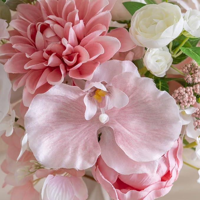 KIRIFLY Artificial Fake Flowers Silk Rose Flower Arrangements Wedding Bouquets Decorations Plastic Floral Table Centerpieces Home Kitchen Garden Party Décor (Pink White)