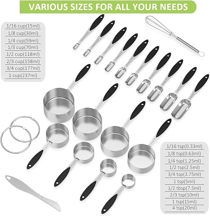 Measuring Cups and Spoons - Wildone Stainless Steel 20 Piece Stackable Set, Includes 8 Black Measuring Cups, 10 Measuring Spoons, 1 Leveler & 1 Whisk, for Dry and Liquid Ingredient