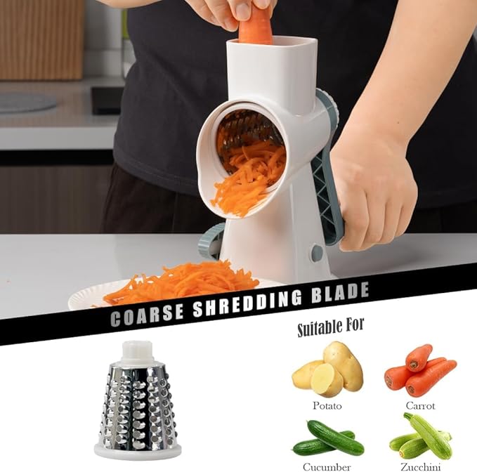 Badelite Cheese Grater Hand Crank Rotating Cheese Shredder Stainless Steel Vegetable Slicer Grater for Kitchen 3 Blades for Cheese, Carrot, Cucumber, Nuts, Chocolate, White