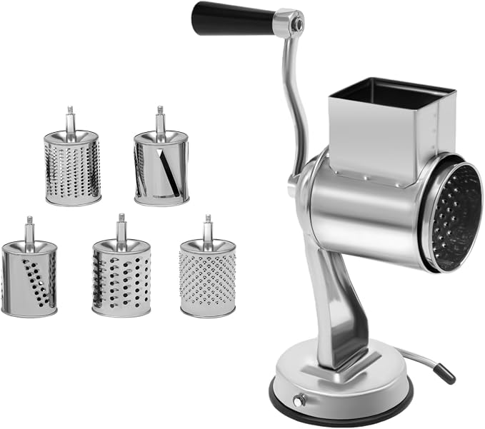 Rotary Vegetable and Fruit Cutter, Cheese Grater Hand Drum Slicer, Stainless Steel Multi-Functional Vegetable Cutting Drum with Suction Cup, Interchangeable Blade for Commercial or Home Use