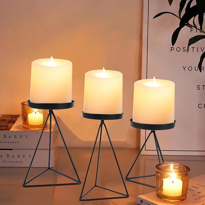 3 PCS Geometric Candle Holders for Pillar Candles Black Metal Pillar Candle Holder Vintage Candle Stands Table Centerpiece for Wedding Christmas Home Decoration