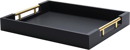 Wood Serving Tray with Metal Handles, 15.75" x 11.8" x 1.7" Black Serving Tray for Home Decorative, Rectangle Wooden Trays for Ottoman, Cafe