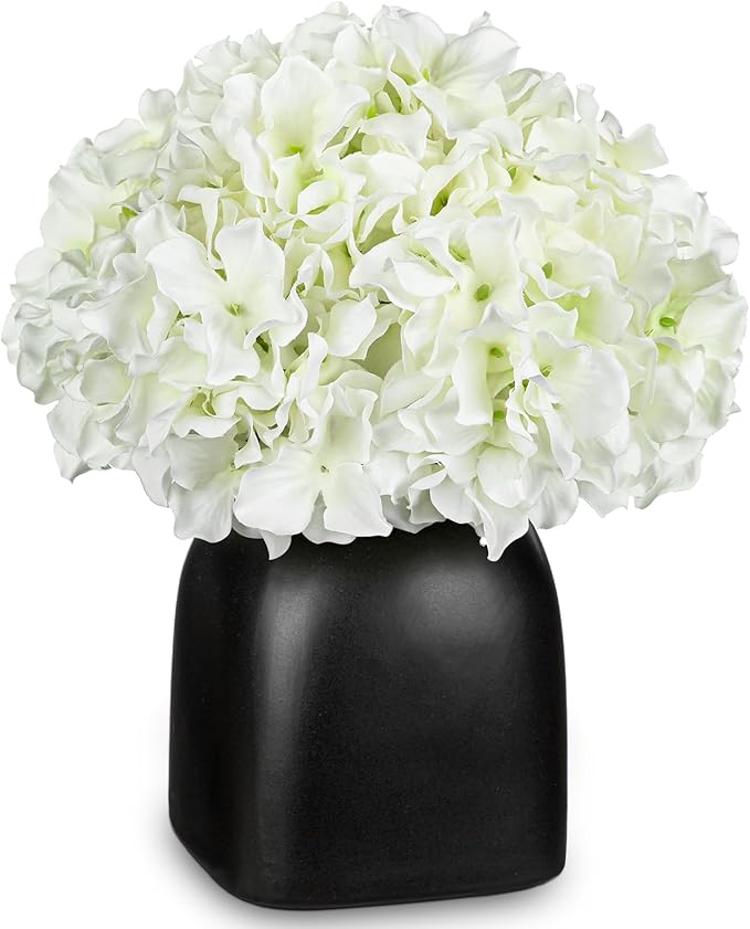 Briful White Hydrangea Artificial Flowers in Ceramic Vase, Black Vase Farmhouse Centerpieces for Tables, Dining Table Vase with Fake Flowers for Home Decor Indoor Kitchen Living Room