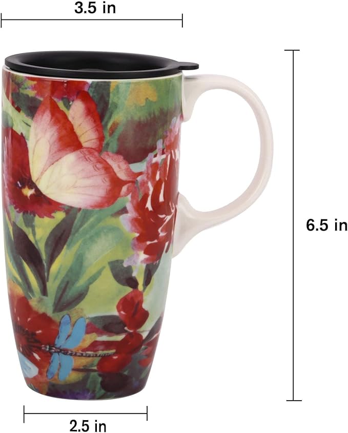 DUSVALLY 17oz Ceramic Coffee Mug with Lid & Handle – Large Travel Mug for Men Women, Microwave & Dishwasher Safe, Red Flowers – Ideal for Office, Home & Gift Giving