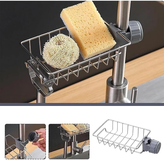 LONIN Stainless Steel Kitchen Sink Organizer Caddy – Over Faucet Sponge & Brush Holder, Rust-Resistant, Adjustable Universal Fit Faucet Rack, Quick Drain Sink Space Saver