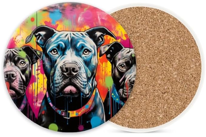 1 Pcs Coffee Cup Coasters for Drinks, Graffiti Style Black Pit Bulls Round Absorbent Non-Slip Ceramic Stone Cork Coasters for Kitchen Living Room Office Decoration Bar (4 * 4 Inch)