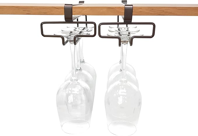 Bronze Wine Glass Holder under Cabinet, Hanging Stemware Rack under Shelf, No Screw No Drill Wine Glass Storage Organizer, Set of 2