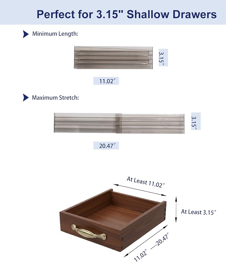 Adjustable Drawer Dividers 5 Pack, 3.15" High Smoke Plastic,11"-20" Expanding Shallow Dresser Organizer with Non-Slip Pads for Kitchen, Bathroom, Nursery, Desk