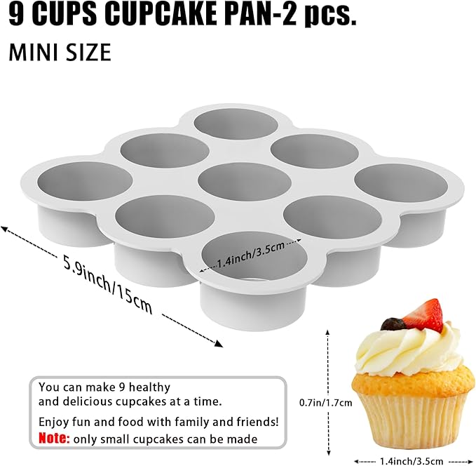 Uudimee Silicone Muffin Pan -9cups Mini Muffin Pan Non-Stick Silicone Mold, 2Pcs Silicone Mini Muffin Pan Is Perfect For Muffins, Cakes, Tarts, Breads, Dishwasher Safe-9Cups (Pink + Gray)