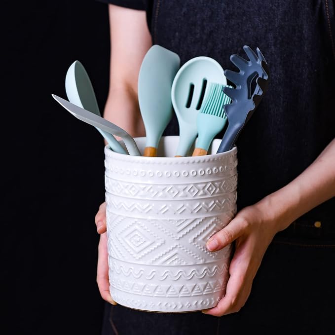 Yundu White Porcelain Kitchen Utensil Holder for Countertop, Utensil Crock for Home Décor