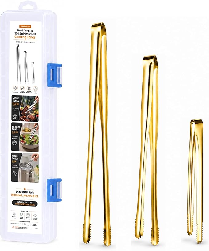 Kitchen Tongs Set of 3 with Storage Case, 304 Stainless Steel Cooking Tongs, 11.5”, 9.5” & 6” Serrated Non-Slip Tips for Grilling, Frying, Salad, Pasta, Ice Cubes (Gold)
