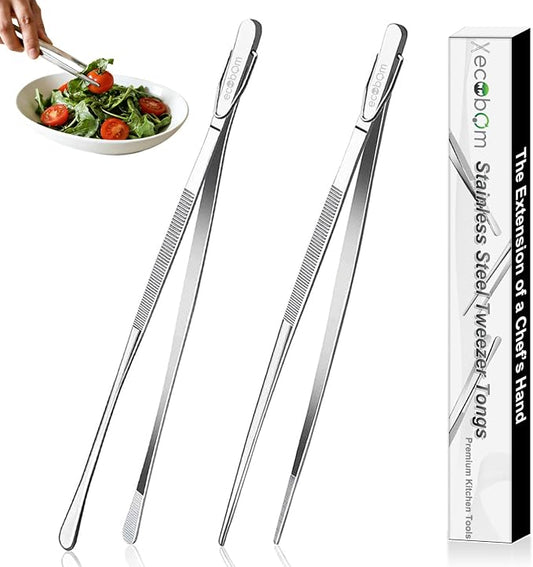 2 Pcs 12-Inch Stainless Steel Kitchen Tweezers, Dual-Tip Serrated Tongs with Hook - Heat-Resistant Non-Slip Cooking Tweezers for BBQ, Grilling, Plating & Serving