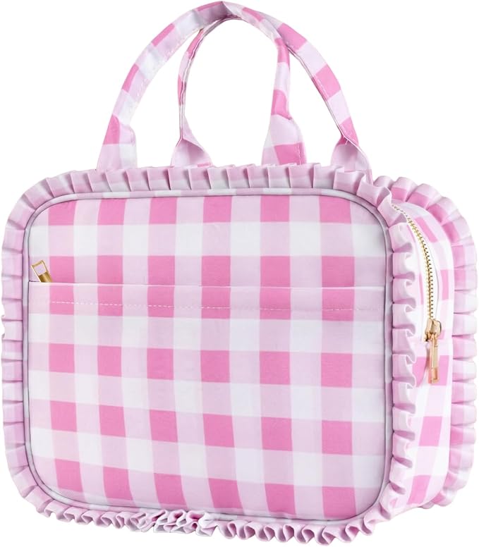 Stylish Checkered Gingham Lunch Bag for Women, Ruffled Trim Lunch Box for Adult Girls, Large Capacity Leakproof Reusable Lunch Box for Work School Picnic Travel (Pink&White)