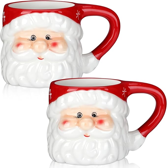 Sliner 2 Pcs Christmas Santa Coffee Mugs 11 oz Vintage Santa Claus Heads Ceramic Mug Christmas Themed Design Cup Set for Coffee Tea Hot Chocolate Xmas Holiday Gifts (Red)