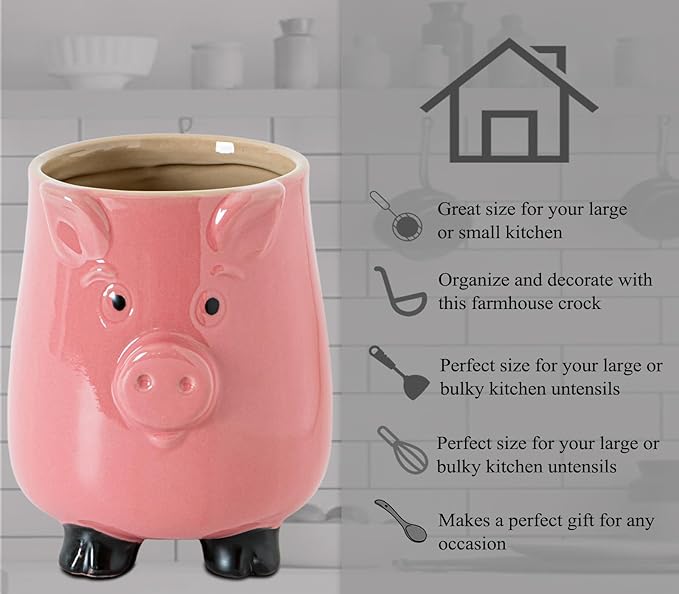 Pig Ceramic Kitchen Utensil Holder For Kitchen Counter Pink Utensil Crock For Countertop, Cute Farmhouse Kawaii Storage Organizer For Forks, Spoons & Cooking Tools