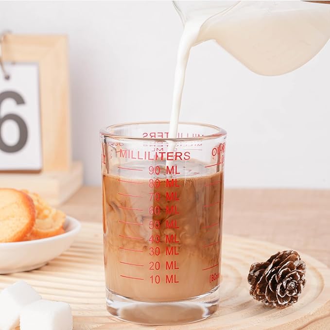 2 PACK Measuring Cup Shot Glass 3 Ounce/90ML Liquid Heavy Glass Red Scale