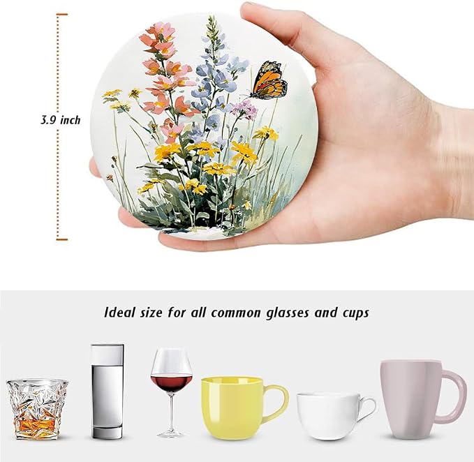 Spring Drink Absorbent Coasters with Holder Set of 6, Ceramic Stone with Cork Base, Watercolor Floral Wildflowers Coaster for Drinks, Gift for Housewarming Room Bar Home Decor Kitchen