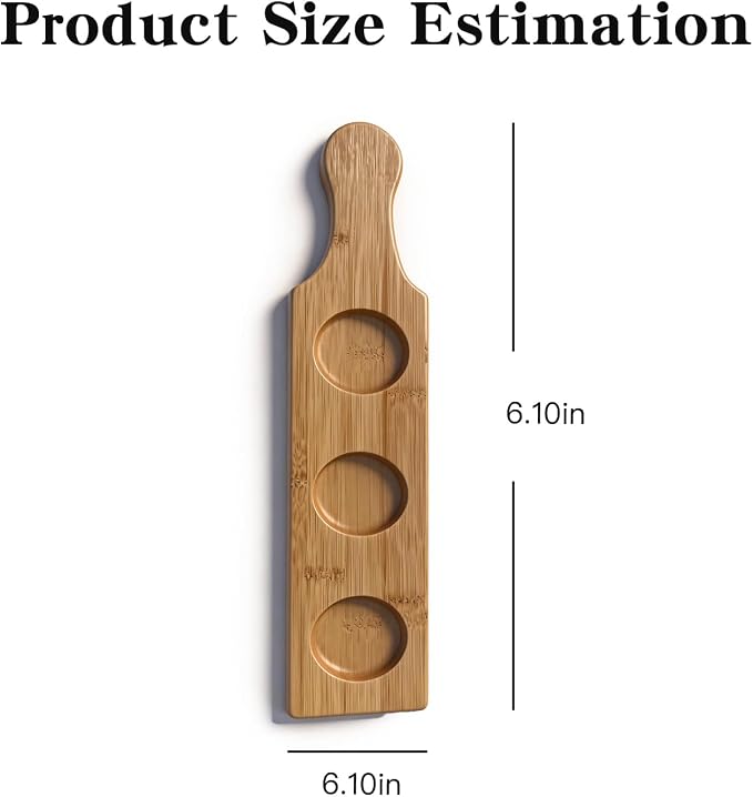 Flight Board, Bamboo Drink Flight Boards (6 Pack), 3-Hole Handheld Paddle Serving Tray for Beer, Wine, Whiskey Tasting, 15.35 × 3.15 Inch Individual Display Stand