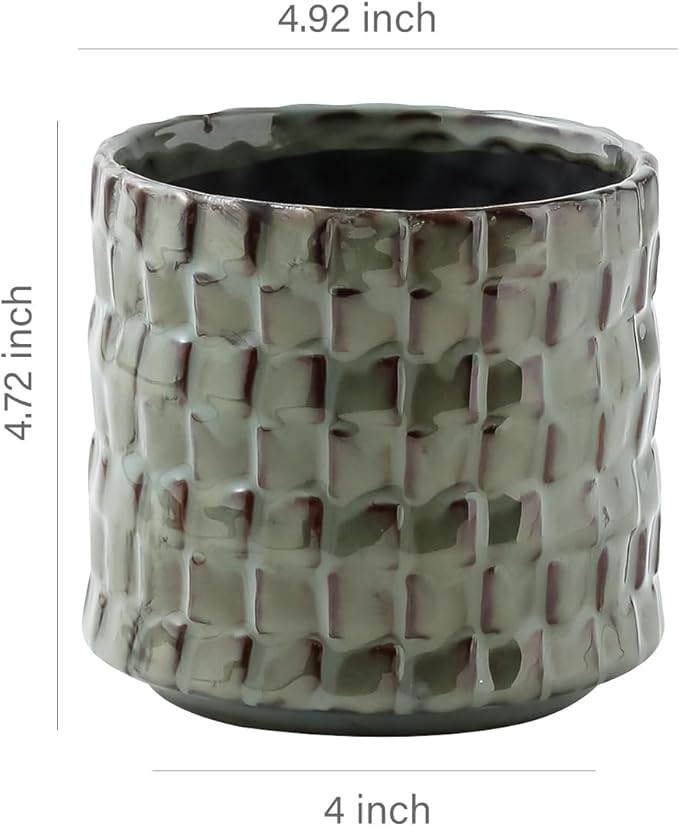 Utensil Crock Kitchen Utensil Holder, 5 Inches Small Ceramic Utensil Holder for Countertop, Unique Embossed Checkered Pattern, Seaweed Green Cooking Utensil Crocks for Kitchen, Home Decor Gift