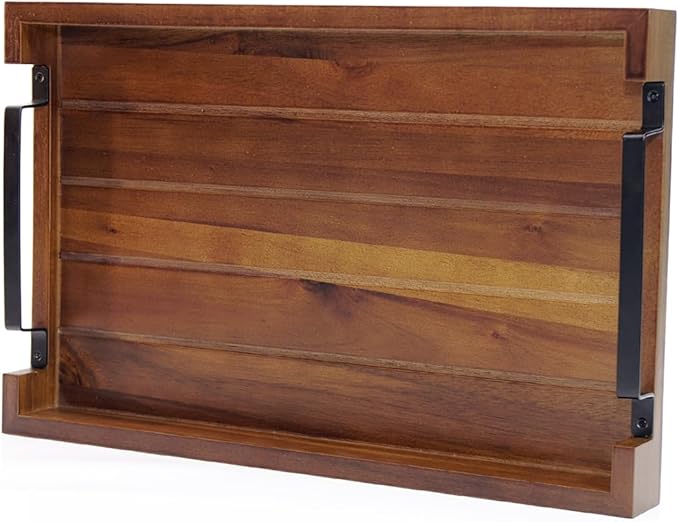 17" x 11" Acacia Wood Serving Tray with Black Iron Handle. Coffee, Decorative, Whiskey, Wooden Tray for Kitchen, Living Room, Bedroom Entryway, Hallway - Rustic Tray (Brown)
