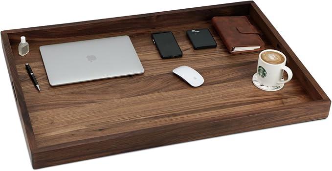 36 x 24 Inches Extra Large Rectangle Black Walnut Wood Ottoman Tray with Handles, Serve Tea, Coffee Classic Wooden Decorative Serving Tray
