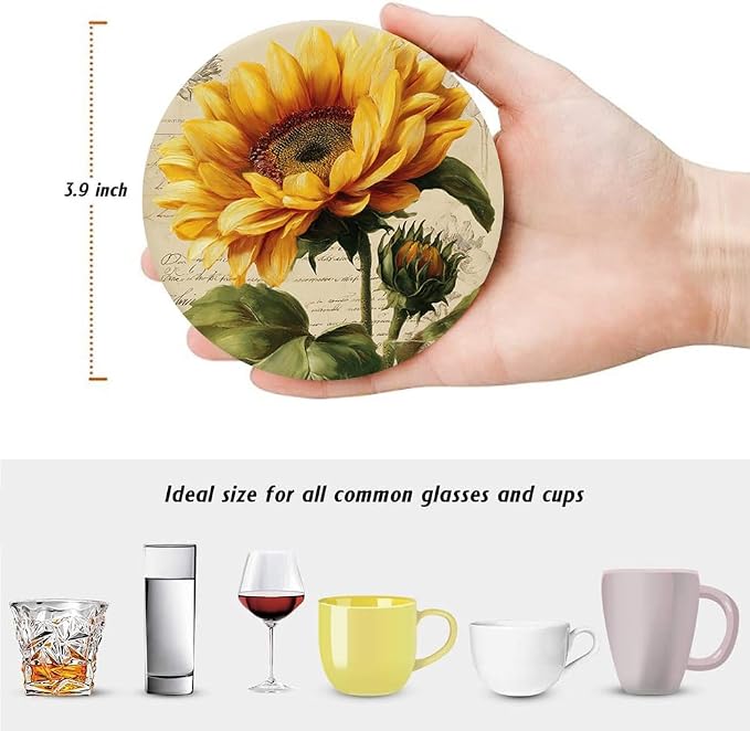 Drink Absorbent Coasters with Holder Set of 6, Ceramic Stone with Cork Base, Vintage Sunflowers Yellow Spring Flowers Coaster for Drinks, Gift for Housewarming Room Bar Home Decor Kitchen