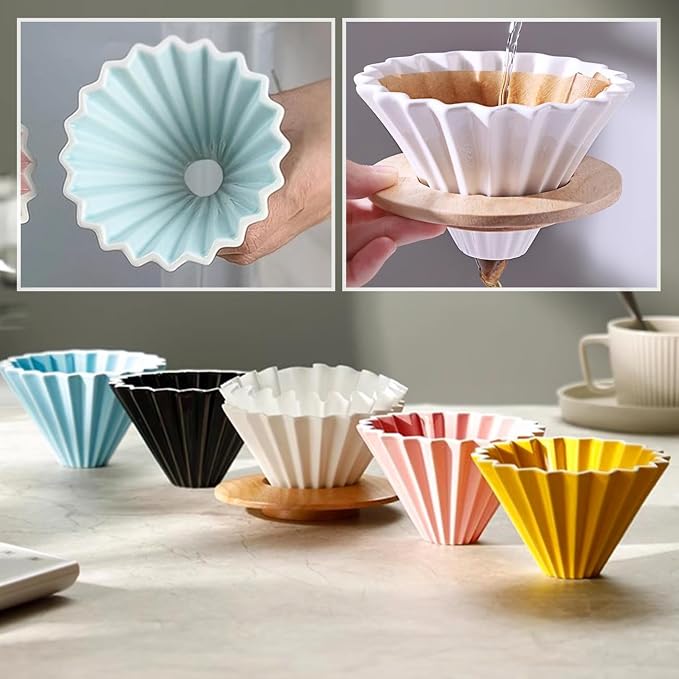 Ceramic Coffee Dripper with Wood Cup Stand Pour Over Coffee Maker Elegant Flower-shape V60 Strainer for 1-2 Cups Slow Brewing Accessories for Home Coffee Shops Restaurants Red