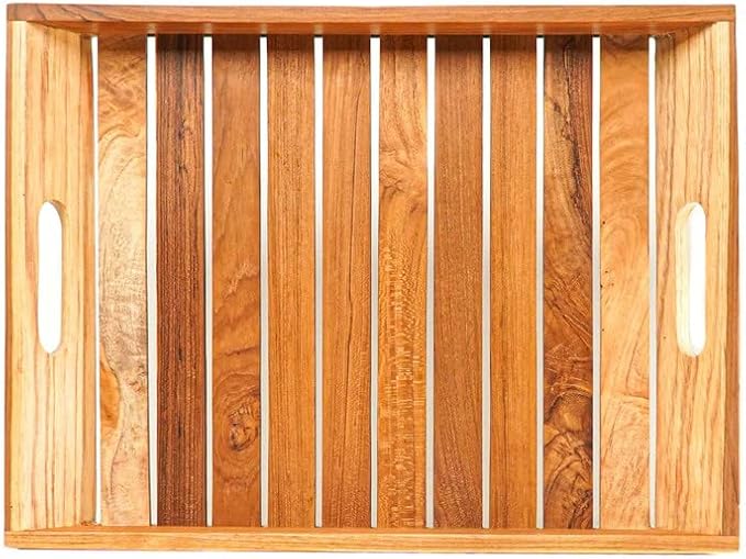 Rainforest Bowls 16"x12" Rectangular Javanese Teak Wood Serving Tray w/Handles- Ultra-Durable, Perfect for Breakfast in Bed, Coffee/Tea, etc- Luxury Custom Design Handcrafted by Indonesian Artisans