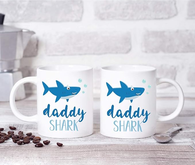 Andaz Press Baby Shark Gay Family 11oz. Coffee Mug Gift Set, Daddy Shark, Daddy Shark, 2-Pack, Shark Do Do Do Gift Idea Birthday Christmas Gifts for Father's Day